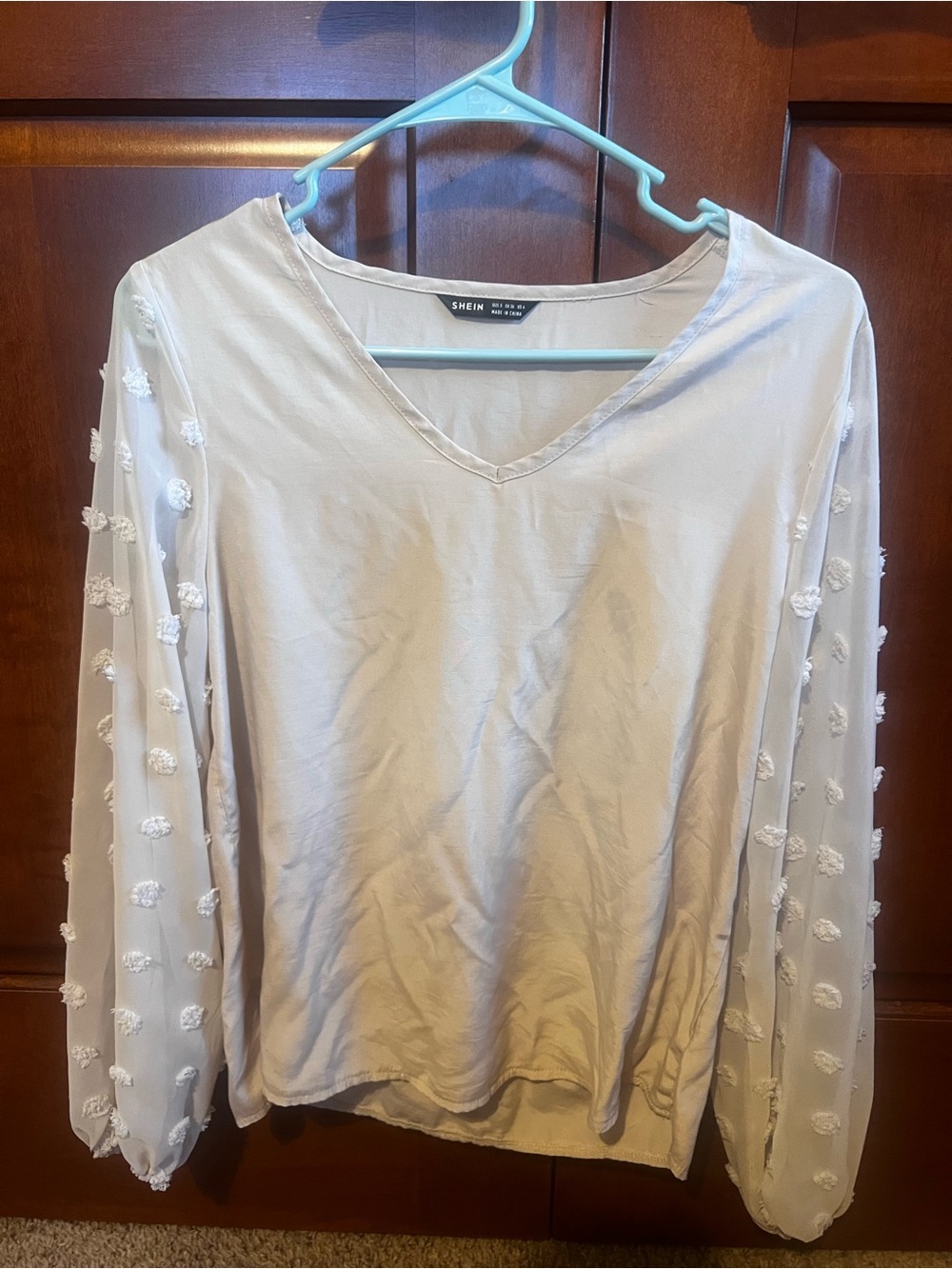 SHEIN Cream V-Neck Pom-Pom Sleeve Blouse